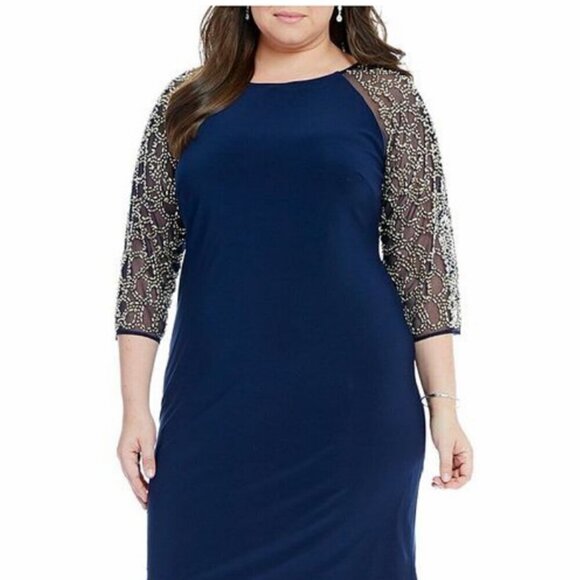 Leslie Fay SZ 10 NWT Navy Sheath Dress Beaded Mesh Sleeves Formal Dressy Party - Picture 1 of 11